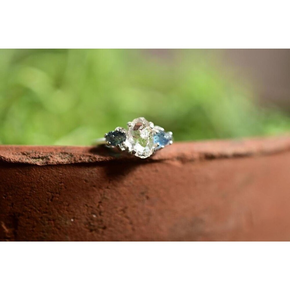 Raw Montana Sapphire & Lake County Diamond Ring: Uncut Gemstone Engagement Ring